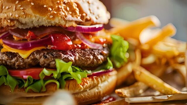 Close-up shot of a juicy burger with crispy fries