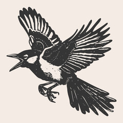 Hand drawn linocut style flying magpie birds. Grunge illustration of bird silhouette isolated