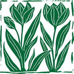 Tulip flowers linocut vector illustration with grunge texture. Monochrome linear woodcut illustration.	