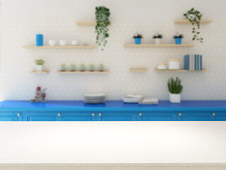 White wooden table with blurred kitchen in the background. In white, blue, and beige colours