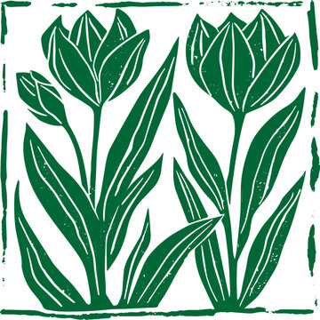 Tulip flowers linocut vector illustration with grunge texture. Monochrome linear woodcut illustration.	
