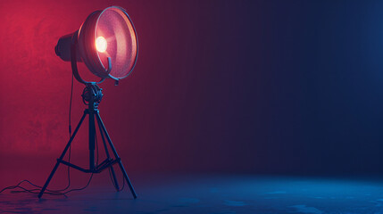 Vintage studio light against a red and blue gradient background. A vintage studio light standing on a tripod, casting warm light against a dramatic red and blue gradient backdrop..