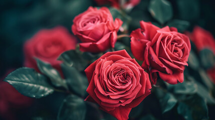 Close-up of red roses in bloom. A detailed macro shot of vibrant red roses in full bloom, showcasing their intricate petals and lush greenery..