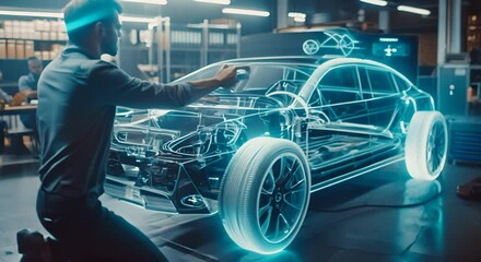 Car Design Engineer Works Projecting 3D Holographic Model of Electric Car. Futuristic Concept of Virtual Use - Powered by Adobe