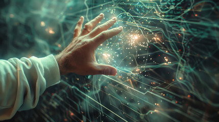 Close-up of a man's hand reaching for a digital modern screen with technological lines and nodes. Technology and business concept.