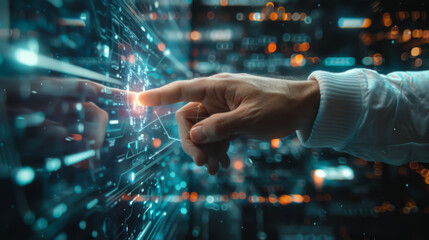 Close-up of a man's hand reaching for a digital modern screen with technological lines and nodes. Technology and business concept.
