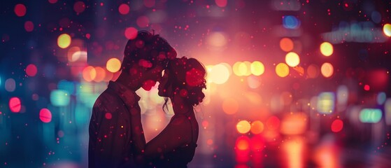 Dreamy Valentine s scene in a downtown setting, featuring a couple in a romantic embrace with a softly blurred bokeh background enhancing the skyline 8K , high-resolution, ultra HD,up32K HD