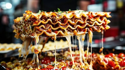 Dynamic shot of a slice of Italian lasagna being served, capturing the cheese dripping as the piece is lifted up, perfect for menu visuals