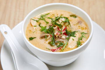 Bowl of thai Tom Kha Kai soup