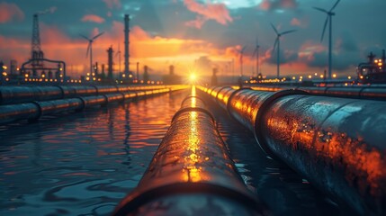 Industrial pipelines at sunset with wind turbines and water reflections.