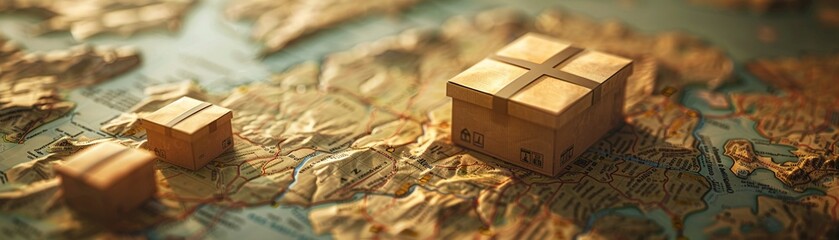 Naklejka premium Graphic advertisement for a delivery service, featuring a detailed map tracking the journey of a cardboard cargo box to its client destination 8K , high-resolution, ultra HD,up32K HD