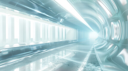 Bright space with bright white lighting. Glossy texture. Long corridor with neon lighting. Interior concept.