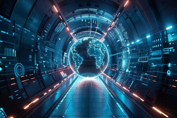 A visually striking digital passageway featuring a 3D globe, ideal for showcasing futuristic transportation or communication technologies
