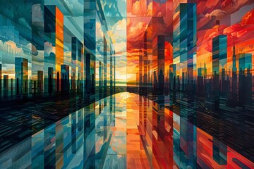 Abstract city of mirrors, geometric clarity meets urban complexity, a stunning portrayal for art and design, emphasizing innovation and modern aesthetics