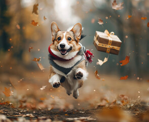 A corgi dog running through the leaves and flying over gifts with his hand full of presents