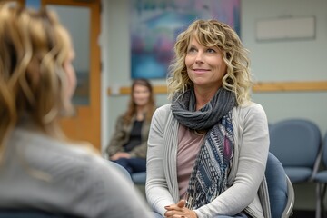 Blond woman sitting in a chair talking to a woman in a room