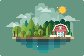 Barn in Farm rural landscape. Agricultural landscape, Agriculture mountains in the background. Flat design style vector illustration