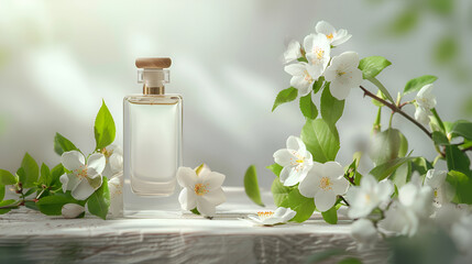 Bottle of perfume with Jasmine flowers on the table in the light