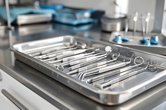 Many surgical instruments on tray counter