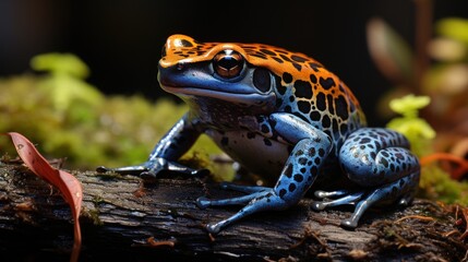 Fototapeta premium Striking Blue Poison Dart Frog in Lush Habitat Close-Up