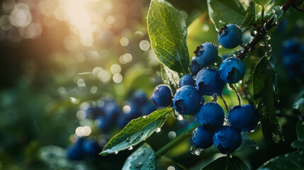 Blueberries grow on a bush on a sunny day. Ripe berries in the garden. Concept of gardening, ecology.