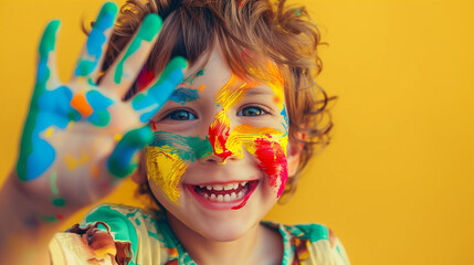 joyful child girl playing a fun game with paint, colorful face in paint