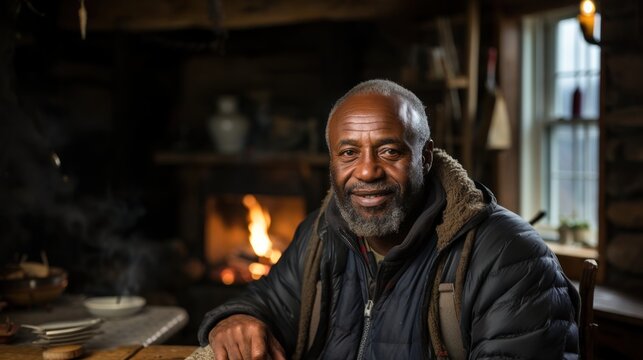 Warm Portrait of an Elderly Man Sitting by the Fireplace in a Cozy Cabin