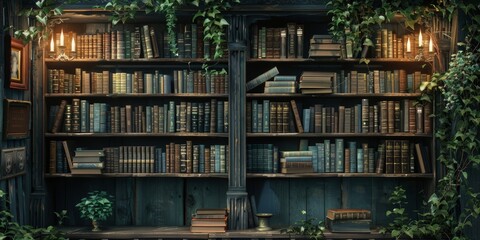 Dark academia bookshelf with vintage books