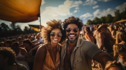 Happy Couple Taking Selfie at Outdoor Music Festival on a Sunny Day