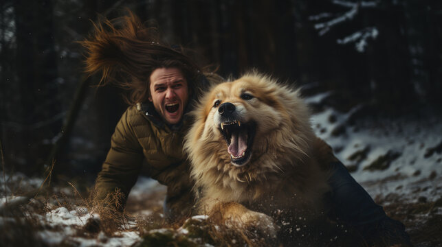 Intense Moment of Man and Dog in Forest, Depicting Adventure and Wild Nature