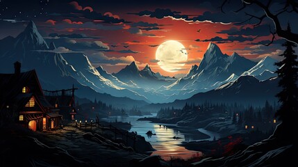 Stunning Full Moon Illuminating a Viking Village in a Mountainous Landscape