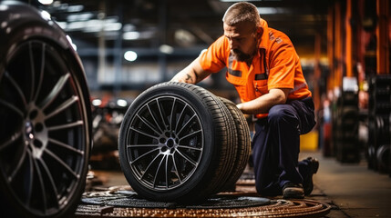 Obraz premium Mechanic Holding a Tire In a Workshop with Industrial Background
