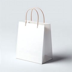 Mockup of a white paper shopping bag with brown handles on a white background isolated. Clean empty space without inscriptions. Environmentally friendly product
