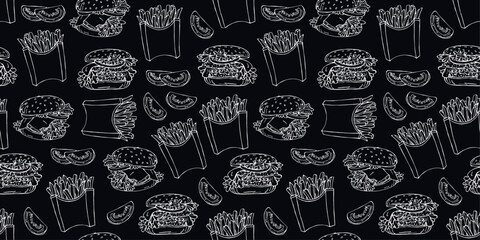 Seamless background with fast food, drawings of french fries and cheeseburgers. Delicious popular food from fast food restaurants, vector image. Endless background. Stylized images of food