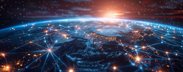 Fototapeta premium Futuristic representation of the Earth with digital networks highlighting global data streams, perfect for discussing cybersecurity and global surveillance