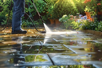 Man pressure cleaning patio
