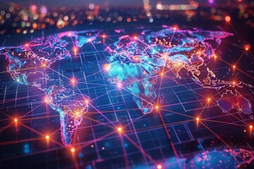 Obraz premium Illuminated map of the world on a digital grid, emphasizing global connectivity and the impact of digital transformation on world economies
