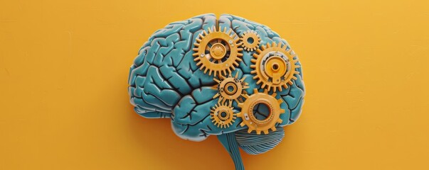Innovative brain design featuring gears meshing within, set against a bold yellow backdrop, suitable for educational and scientific visualizations