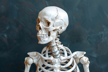 A skeleton of a man with a shoulder injury. Can be used to illustrate human anatomy or medical conditions