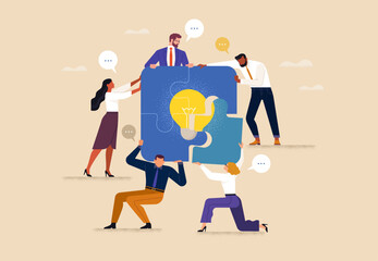 BusinessTeamwork concept. Contemporary flat style abstract vector illustration of diverse people in business suits putting together a puzzle with a burning light bulb. Isolated on background