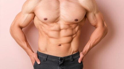 Fototapeta premium Muscular bodybuilder showing defined abs on soft colored background with space for text