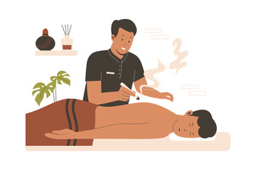 Acupuncture moxibustion therapist vector concept, alternative medicine concept. Flat illustration concept