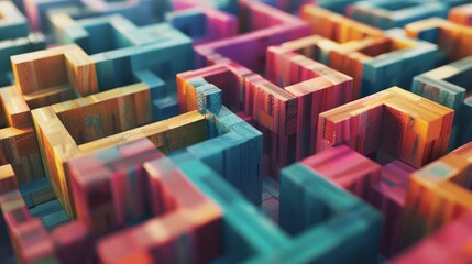 Obraz premium High-angle abstract illustration of a wooden labyrinth with geometric paths and colorful blocks and cubes, focus on intricate design, surreal, Double exposure, conceptual art backdrop