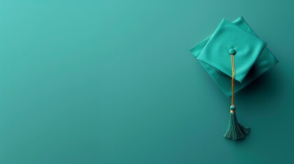 Minimalist teal background with graduation cap and tassel on the right side