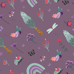 Seamless pattern cute animals and plants