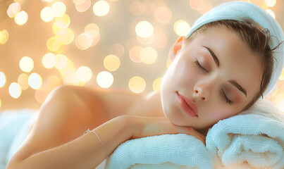 Serene Beauty: Young Woman Relaxing at Spa, Glowing Skin, Soft Towels Under Warm Lights, Pampering Moment