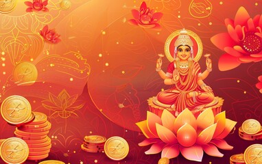 A tribute to Goddess Lakshmi on Akshaya Tritiya, illustrated with a deity on a lotus amidst golden coins on an ornate red backdrop.