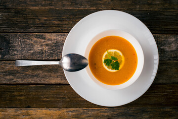 Lentil-pumpkin soup in a white plate