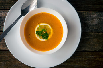 Lentil-pumpkin soup in a white plate