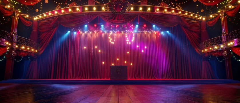 Vibrant 3D rendering of a circus arena with a ringmaster's podium, enveloped by dazzling carnival lights and a red curtain backdrop,